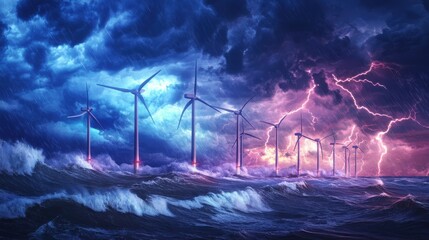 A surreal windfarm lightning illustration, showcasing stylized turbines under a dramatic storm with glowing electric bolts, swirling dark clouds, and dynamic sea spray, artistic and bold