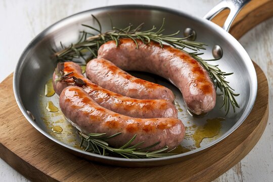 roasted sausages in a pan with rosemary