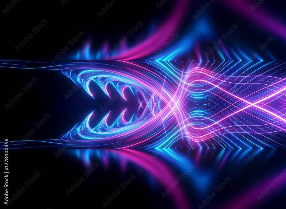 Poster abstract pink and blue neon lines converge to create a futuristic tunnel effect against a dark backg