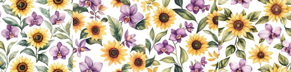 Lush and Colorful Floral Arrangement Featuring a Harmonious Mix of Sunflowers Irises and Violets with Delicate Petals Blooming Against a Clean White Background