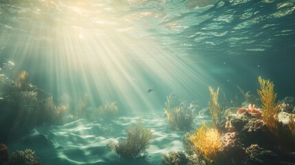 Obraz premium Sunlit underwater scene, ocean coral reef, tranquil marine view, sunlight through water, underwater beauty, peaceful seascape, aquatic life