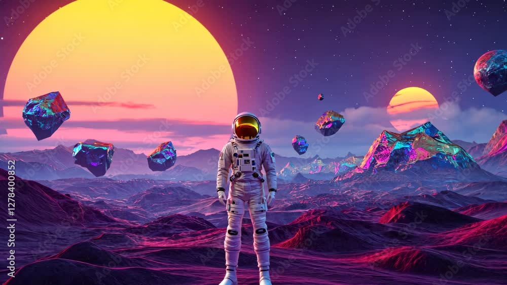 Poster astronaut explores vibrant alien landscape with dual suns and floating crystals in a surreal environ