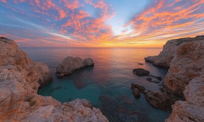 Pink and Orange Sunset over Coastal Cliffs and Turquoise Sea
