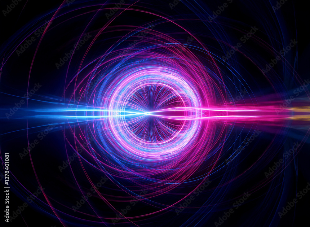 Poster dynamic abstract digital art shows swirling blue and pink lines creating a circular form. light rays