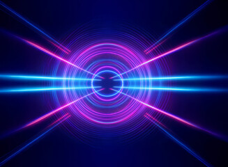 Abstract glowing neon circles and lines create a vibrant design with pink and blue colors on a dark backdrop. Modern, energetic and futuristic feel.