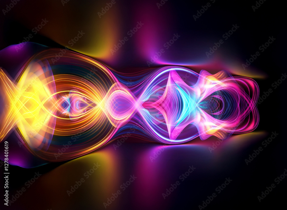 Poster abstract glowing waves of vibrant colors flow and intertwine against a dark backdrop, creating a mes
