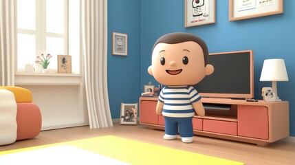 Colorful cartoon character relaxes in a cozy living room, featuring a television and a soft rug, creating a warm and inviting atmosphere.