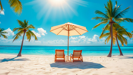 Fototapeta premium Beautiful panoramic sea sand sky. Tropical relax beach sunny summer island landscape. Love couple chairs umbrella palm leaves romantic coast. Luxury travel destination. Honeymoon vacation best holiday