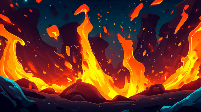 Lava splash, vfx game video effect. Cartoon 2d liquid fire drops, yellow flow and swirls design elements, explosion, burst, boom, spatter blast, drip or ripple dynamic animation motion, Vector set