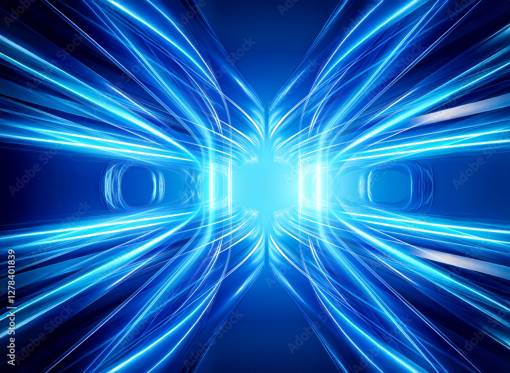 Poster an abstract depiction features vibrant blue streaks converging towards a central point, creating a d