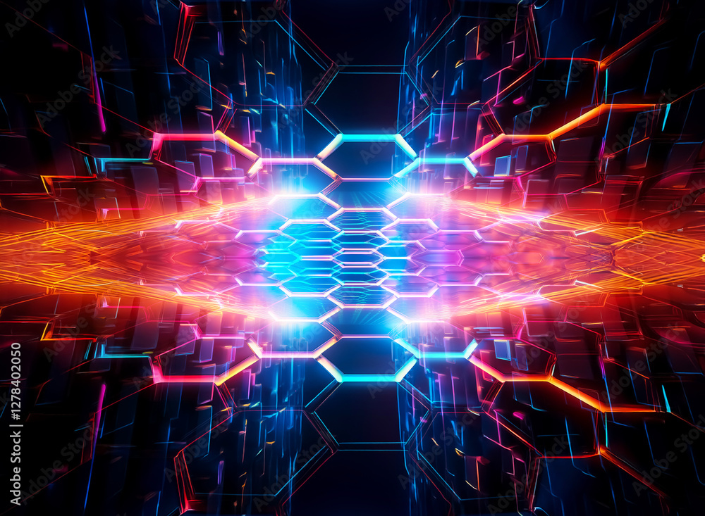 Poster abstract futuristic tunnel with glowing hexagonal grid. vibrant blue and orange lights create a port