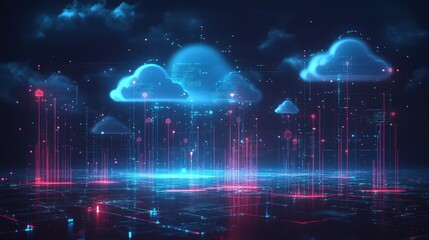 Digital clouds rise over a futuristic cityscape illuminated by vibrant data streams