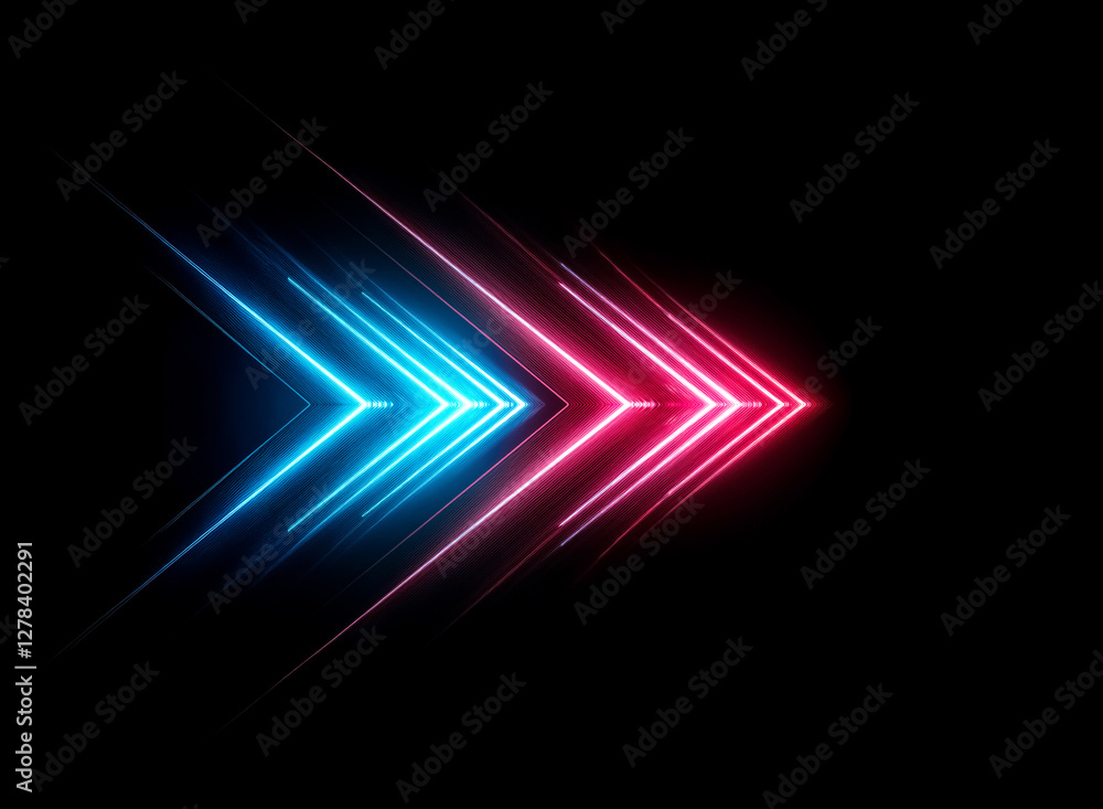 Poster neon arrows in blue and red hues point rightward against a stark black backdrop. dynamic glowing str