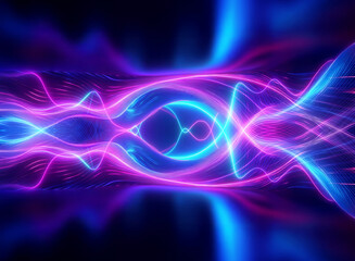 Fototapeta premium Vibrant abstract image featuring symmetrical neon pink and blue waves. Glowing lines create a central eye-like shape in a futuristic design.