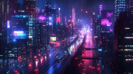 Obraz premium Neon-Lit Rain-Drenched Metropolis: Futuristic Cityscape at Night