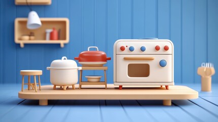 A colorful toy kitchen setup featuring a stove, sink, and stool, designed for imaginative play and culinary adventures for children.