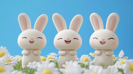 Fototapeta premium Three white rabbits stand gracefully in a vibrant field filled with blooming daisies, showcasing a serene and picturesque natural scene.
