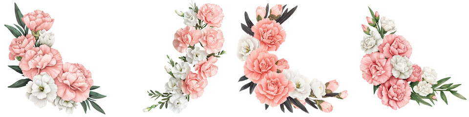 Stylized floral bouquet arrangement with pink peonies roses and carnations mixed with greenery  Soft and feminine design for spring summer wedding or themes