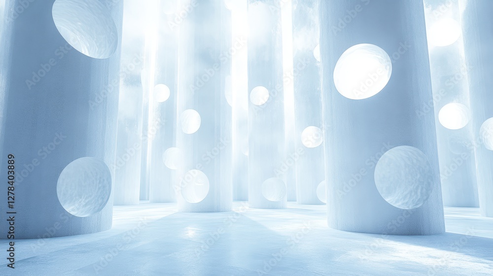 Poster a room filled with numerous white circles creating a visually striking and minimalist atmosphere, em