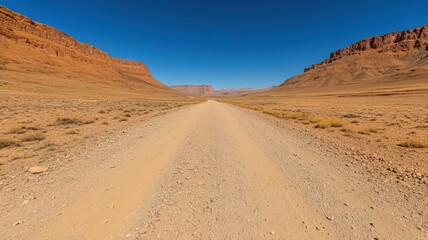 Naklejka premium Gravel Road Through a Red Rock Desert Canyon Under Bright Sunlight