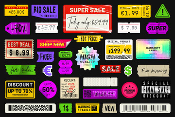 Price sticker in vintage style. Peeled paper price tags, labels, and badges. Retro sticker pack with plastic texture and grunge effect. Sale and promotional stickers collection. Vector