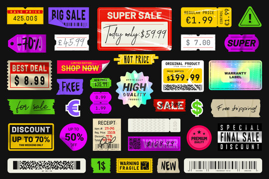 Price sticker in vintage style. Peeled paper price tags, labels, and badges. Retro sticker pack with plastic texture and grunge effect. Sale and promotional stickers collection. Vector