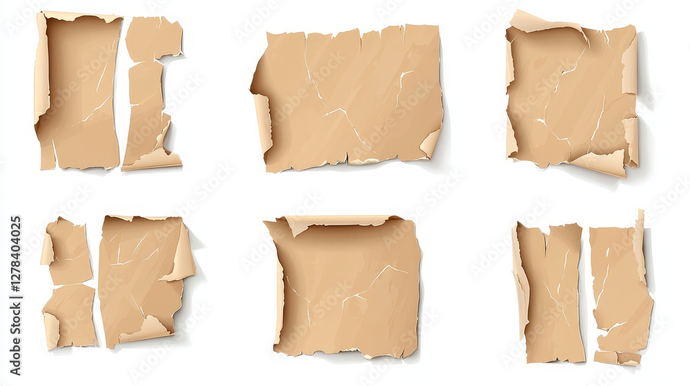 Poster pieces of paper with torn edges attached with adhesive tape. realistic vector illustration set of cu