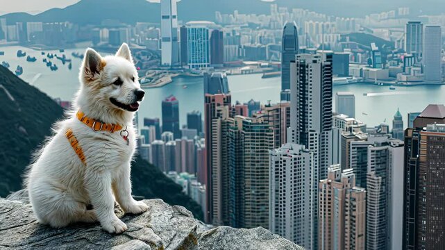 A young Samoyed dog sits atop a rocky ledge, gazing at the stunning skyline of Hong Kong under bright blue skies