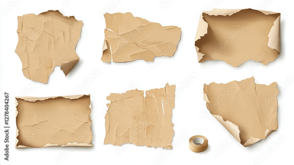 Poster pieces of paper with torn edges attached with adhesive tape. realistic vector illustration set of cu