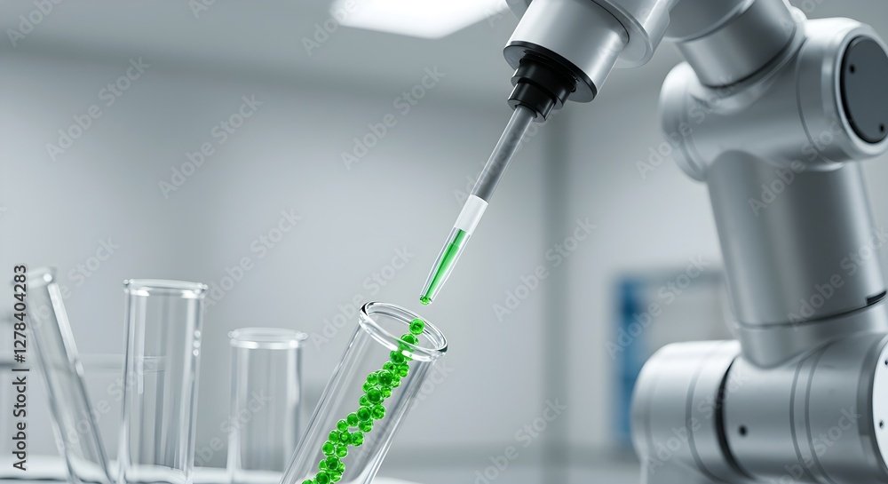 Poster robotic arm performing precise liquid handling in modern laboratory. automated pipetting system with