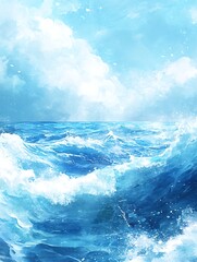 Azure Waves, Cloudy Sky, Ocean Horizon, Calm Seascape