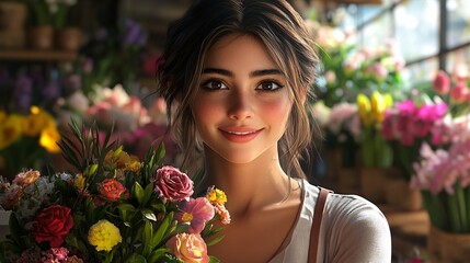 A young woman holding a bouquet of colorful flowers