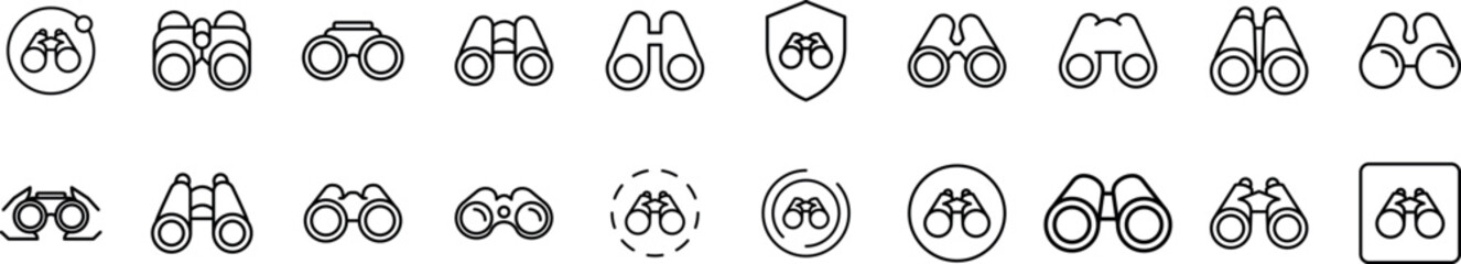 Pack of Binocular Related Line Icons. Outline Signs for Graphic and Web Design, Apps, Adverts, Various Cards