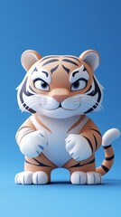 A small tiger toy rests on a vibrant blue surface, showcasing its playful design and bright colors in a visually appealing setting.