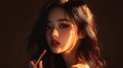 Fototapeta premium A Beautiful Young Woman Applies Red Lipstick Inside Studio