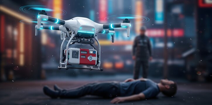 Emergency medical drone delivering first aid kit to unconscious person on night city street with paramedic in background. Modern healthcare and drone delivery concept