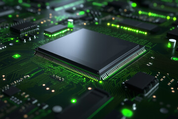 Close-up of an advanced microchip on a glowing green circuit board, symbolizing modern computing, AI, data processing, and high-tech innovation.  
