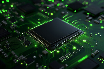 Close-up of an advanced microchip on a glowing green circuit board, symbolizing modern computing, AI, data processing, and high-tech innovation.  
