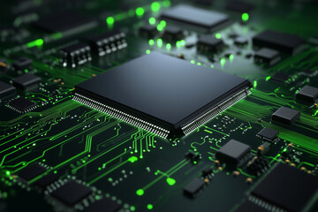 Fototapeta premium Close-up of an advanced microchip on a glowing green circuit board, symbolizing modern computing, AI, data processing, and high-tech innovation. 