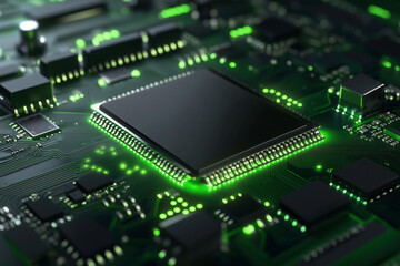 Fototapeta premium Close-up of an advanced microchip on a glowing green circuit board, symbolizing modern computing, AI, data processing, and high-tech innovation. 