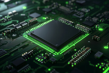 Close-up of an advanced microchip on a glowing green circuit board, symbolizing modern computing, AI, data processing, and high-tech innovation.  
