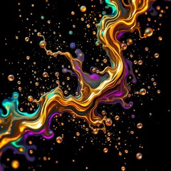 Abstract 3d fluid in golden and purple flowing wavy lines with bubbles splashes on dark background