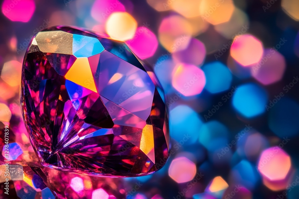 Poster colorful gemstone with sparkling bokeh background and reflections