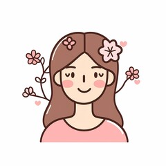 Playful vector graphic of a woman with cherry blossoms, ideal for modern illustrations.

