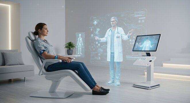 Woman using telemedicine hologram technology at home with virtual doctor consultation. Future medical care with augmented reality and remote healthcare concept