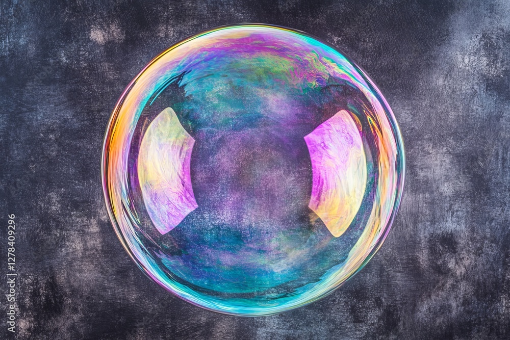 Poster colorful soap bubble floating above dark textured background