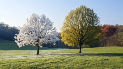 Obraz premium Two Trees in Springtime Meadow: A Peaceful Spring Scene