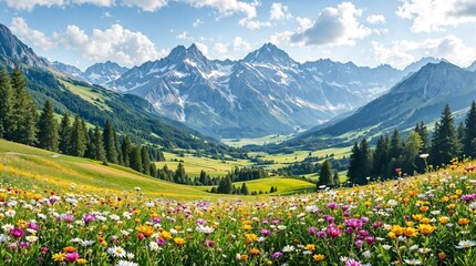Naklejka premium Alpine Wildflowers Snow-Capped Mountains Panorama