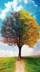 Fototapeta premium Seasons of Life: A Majestic Tree Embraces All Four Seasons