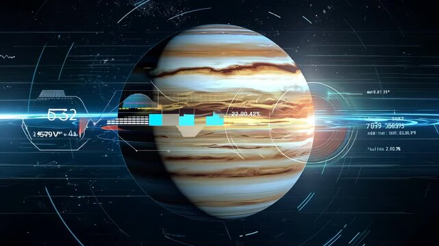 Scientific visualization revealing jupiter data through glowing holographic projection displaying planetary research findings